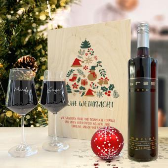 Rotwein-Geschenk-Set mit zwei gravierten Gläsern in Holzkiste zum Fest 