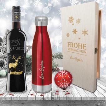 Edles Glühwein-Geschenk-Set mit gravierter Isolierflasche in Holzkiste mit rotem Glühwein