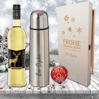 Exklusiv gravierte Isolierflasche im Glühwein-Geschenk-Set mit weißem Glühwein