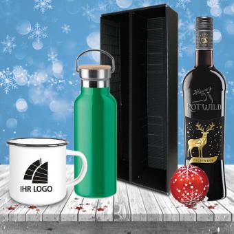 Glühwein-Geschenk-Set mit Ihrem Logo - Rotwein Logo auf Becher und Bambusdeckel