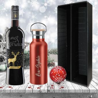 Praktisches Glühwein-Geschenk-Set mit gravierter Isolierflasche mit rotem Glühwein