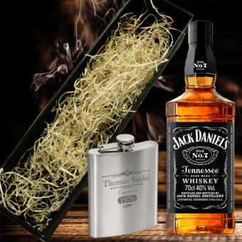 Jack Daniel's Whisky und Flachmann mit Gravur 