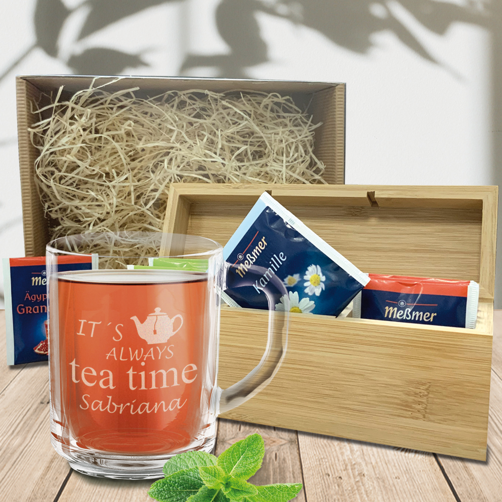 Tee Geschenkset personalisiert mit gravierter Box Tasse Leonardo und